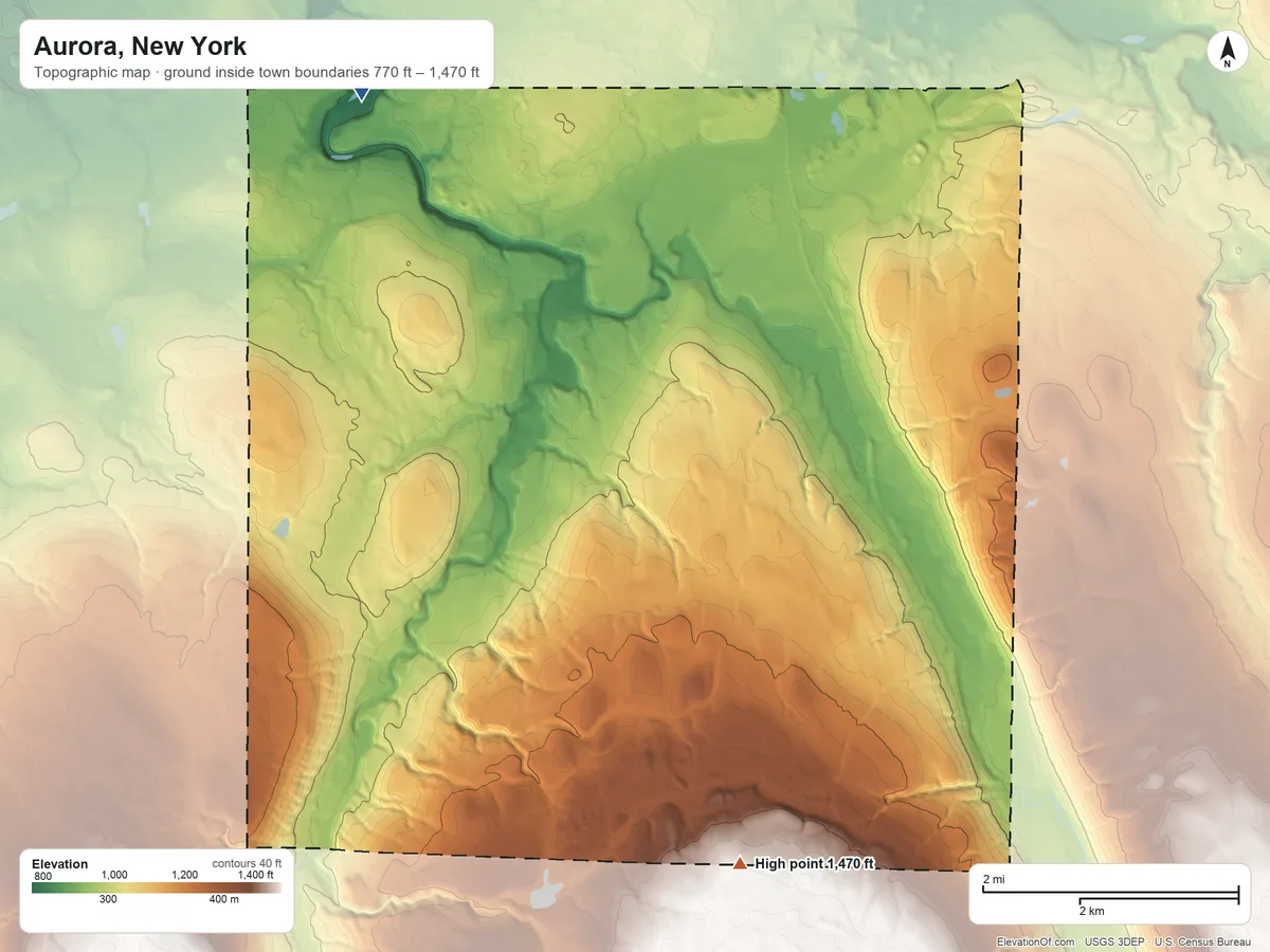 Topographic elevation map of Aurora, New York, shaded from 770 ft on the northwest side to 1,470 ft on the south side