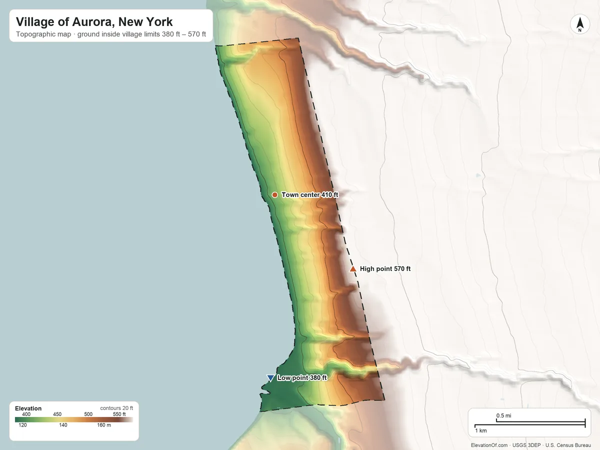 Topographic elevation map of Village of Aurora, New York, shaded from 380 ft on the south side to 570 ft on the southeast side