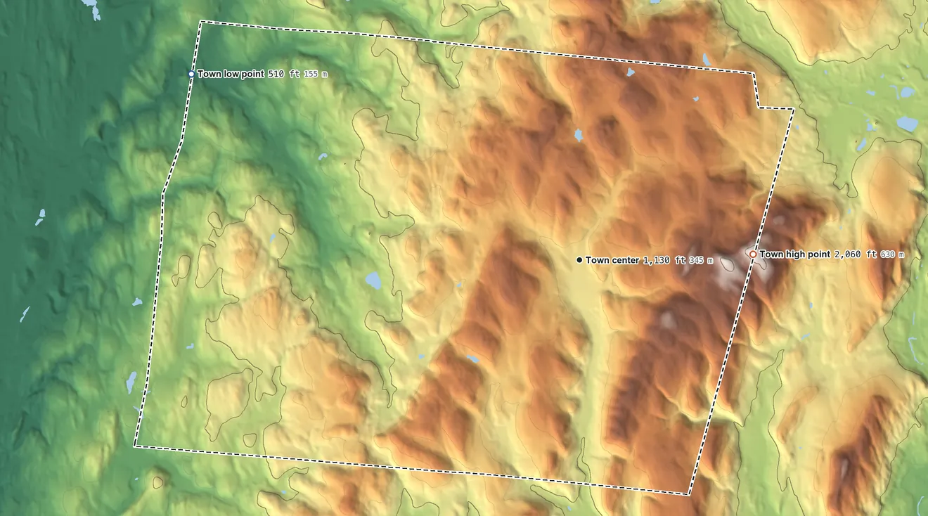 Topographic elevation map of Austerlitz, New York, shaded from 510 ft on the northwest side to 2,060 ft on the east side