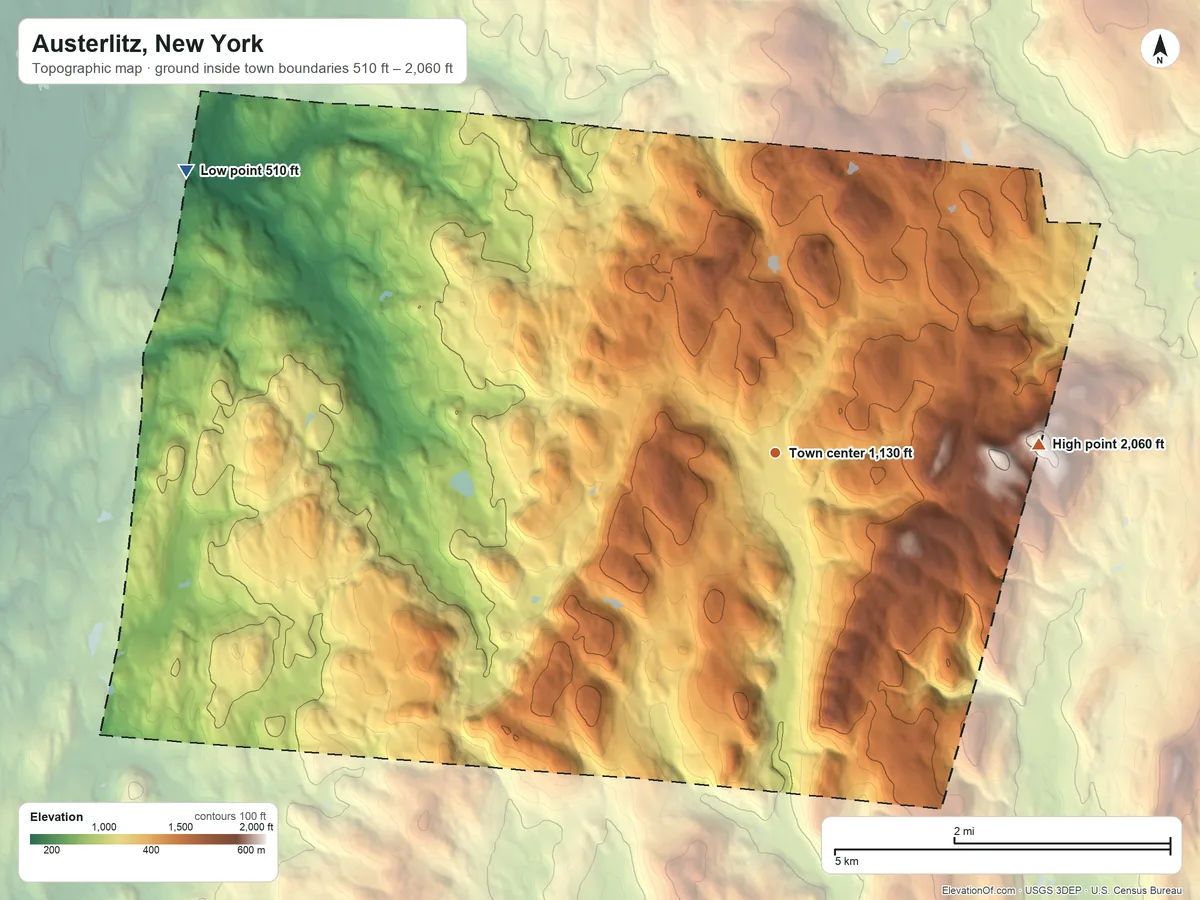 Topographic elevation map of Austerlitz, New York, shaded from 510 ft on the northwest side to 2,060 ft on the east side