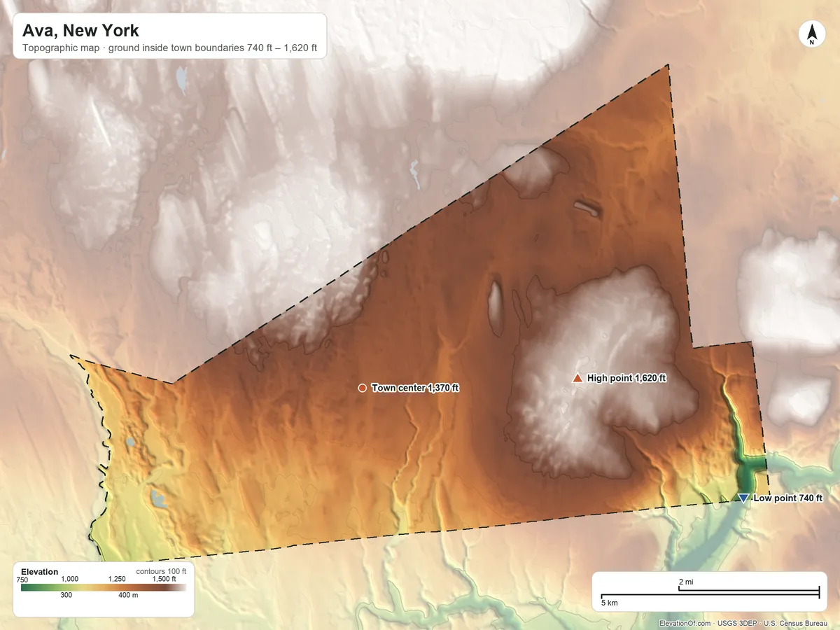 Topographic elevation map of Ava, New York, shaded from 740 ft on the east side to 1,620 ft on the east side