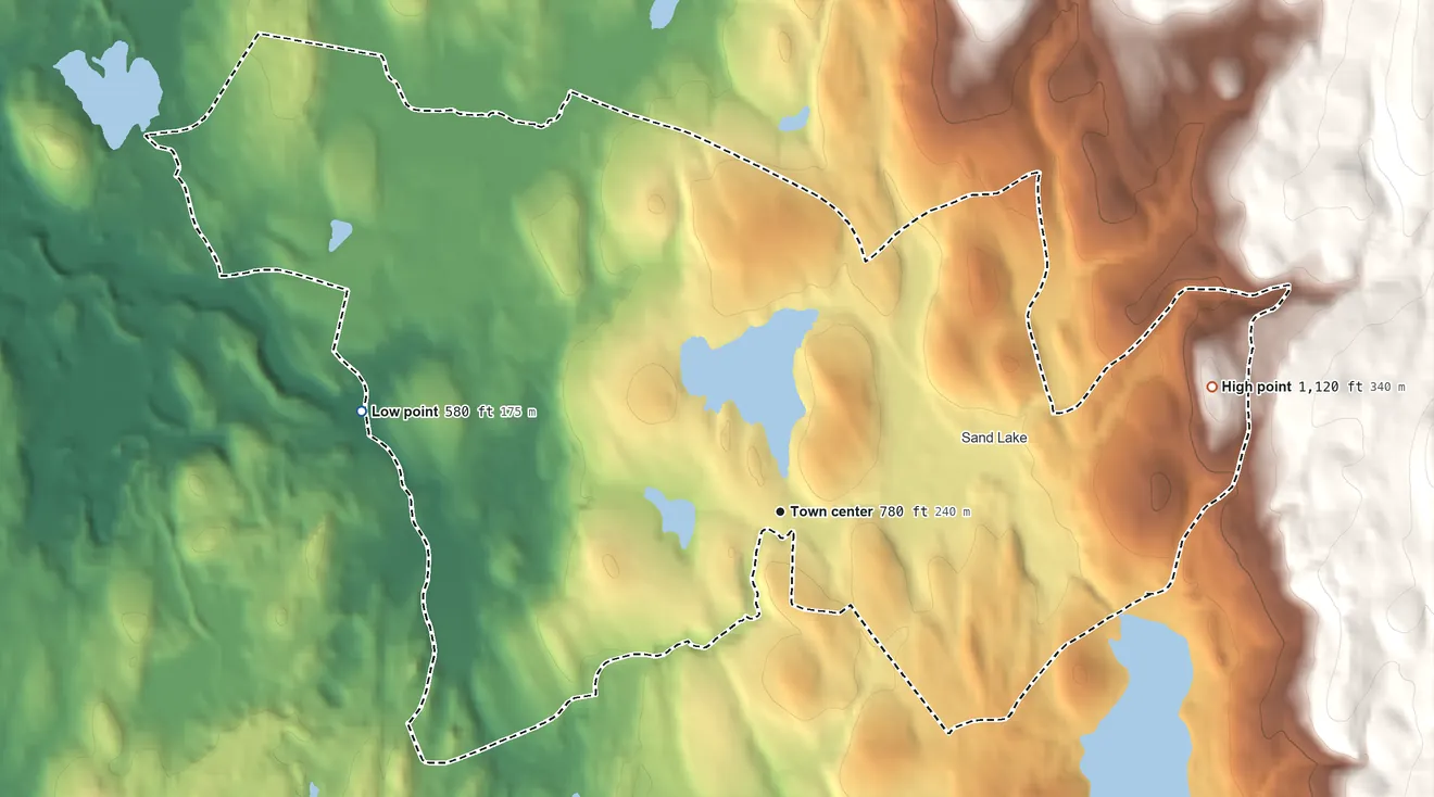 Topographic elevation map of Averill Park, New York, shaded from 580 ft on the west side to 1,120 ft at the foot of the Taconic Range