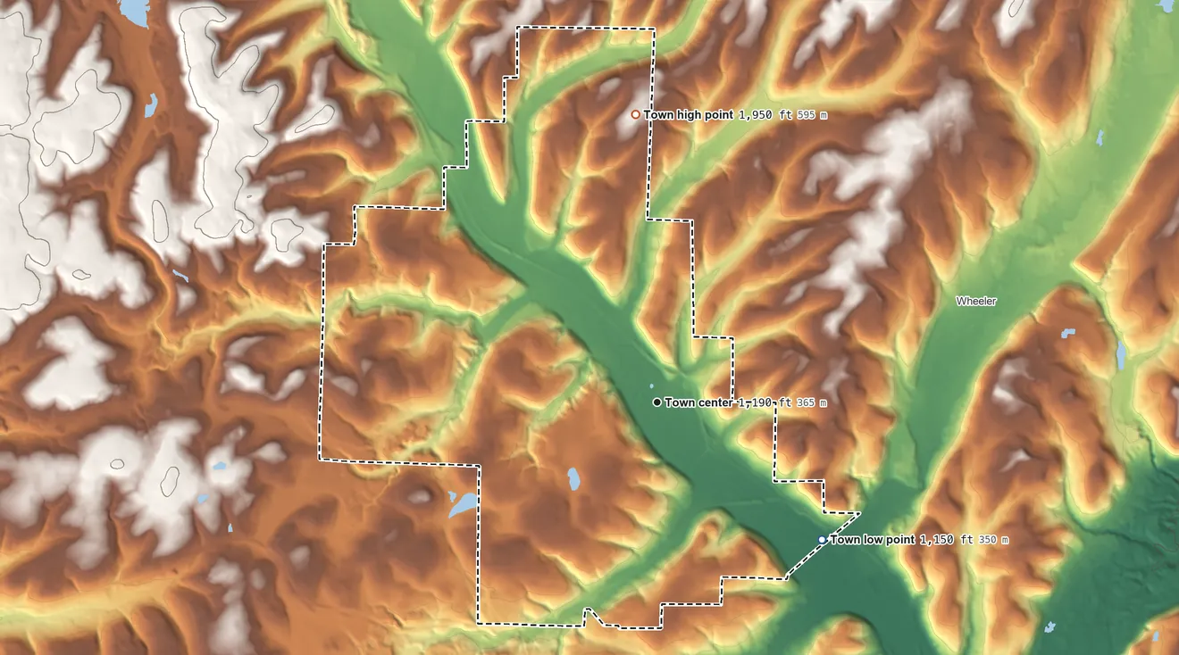 Topographic elevation map of Avoca, New York, shaded from 1,150 ft on the southeast side to 1,950 ft on the north side