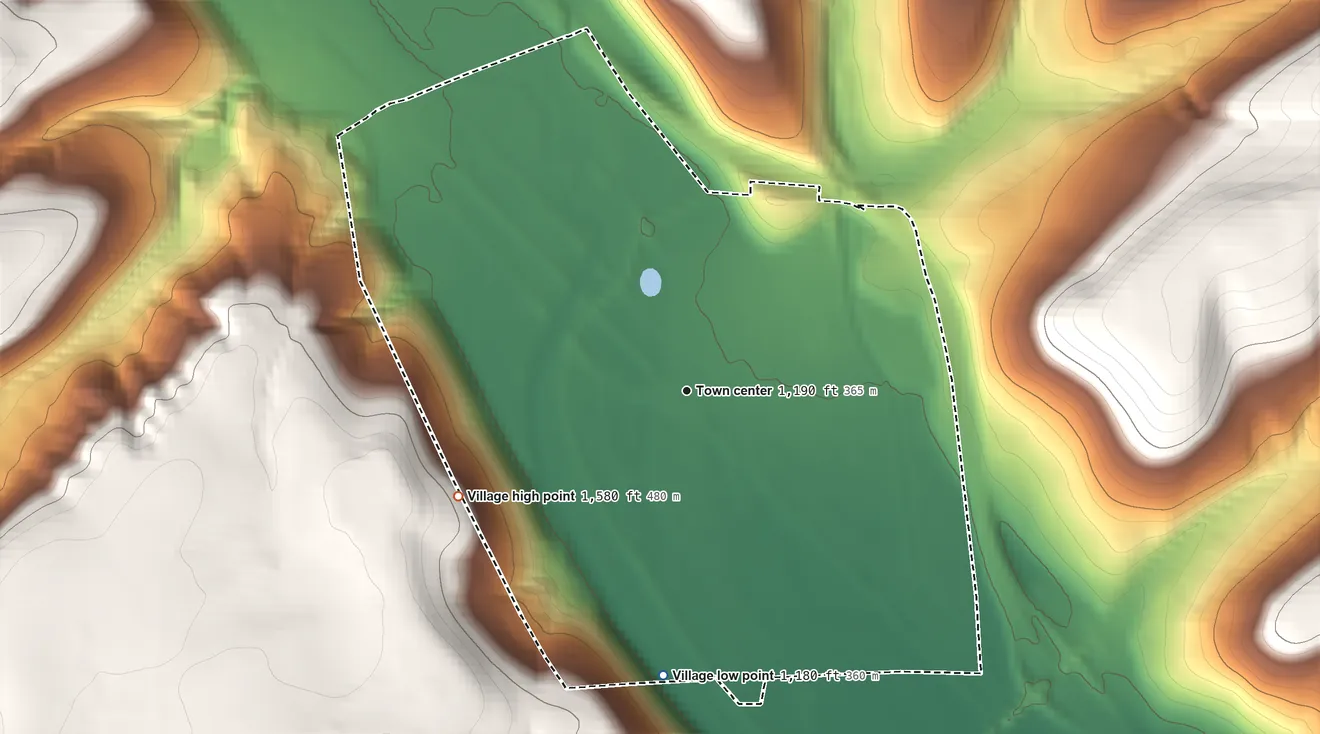 Topographic elevation map of Village of Avoca, New York, shaded from 1,180 ft on the south side to 1,580 ft on the southwest side