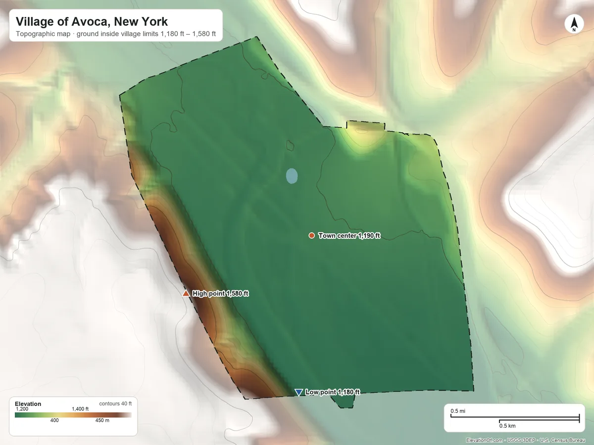 Topographic elevation map of Village of Avoca, New York, shaded from 1,180 ft on the south side to 1,580 ft on the southwest side