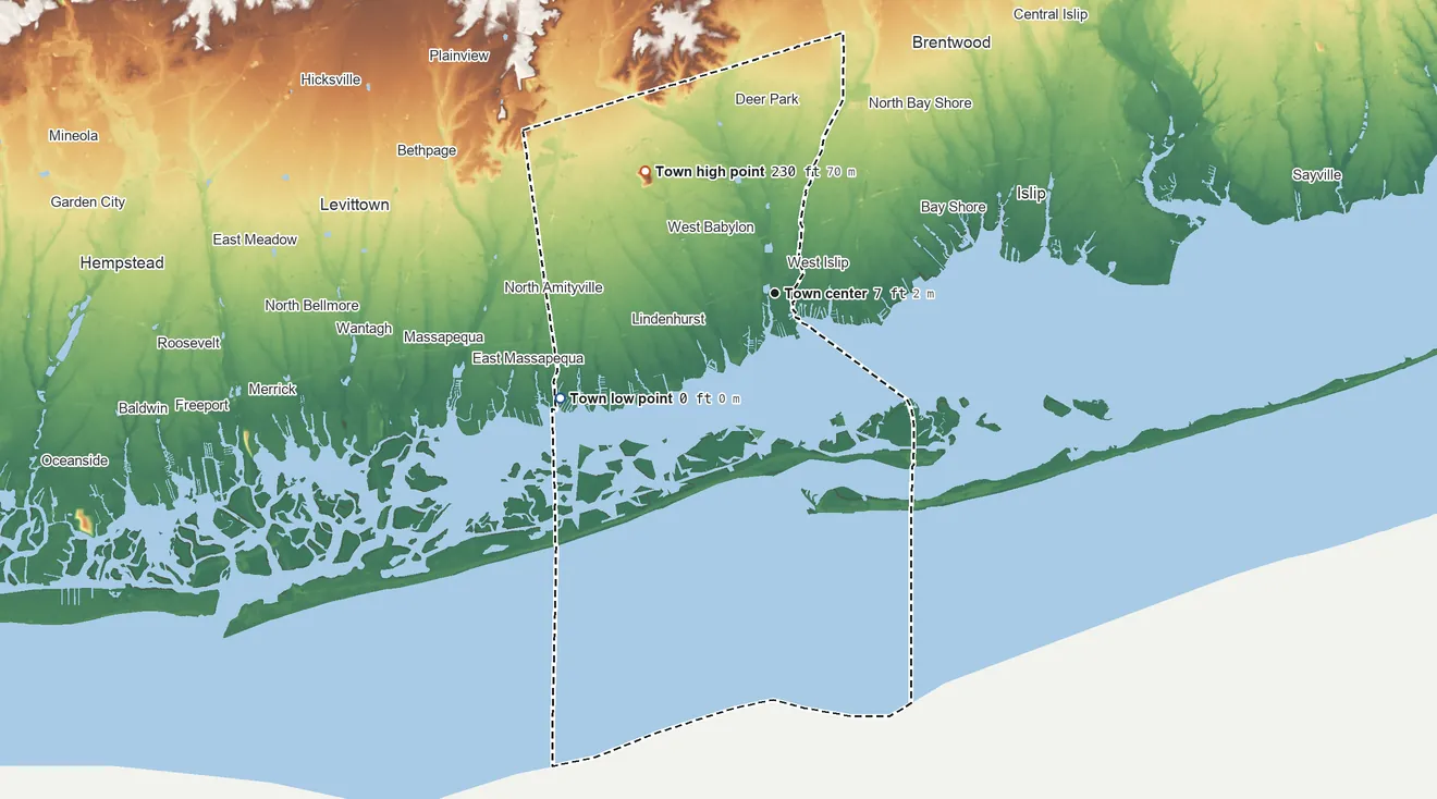 Topographic elevation map of Babylon, New York, shaded from sea level level on Great South Bay to 230 ft on the northwest side