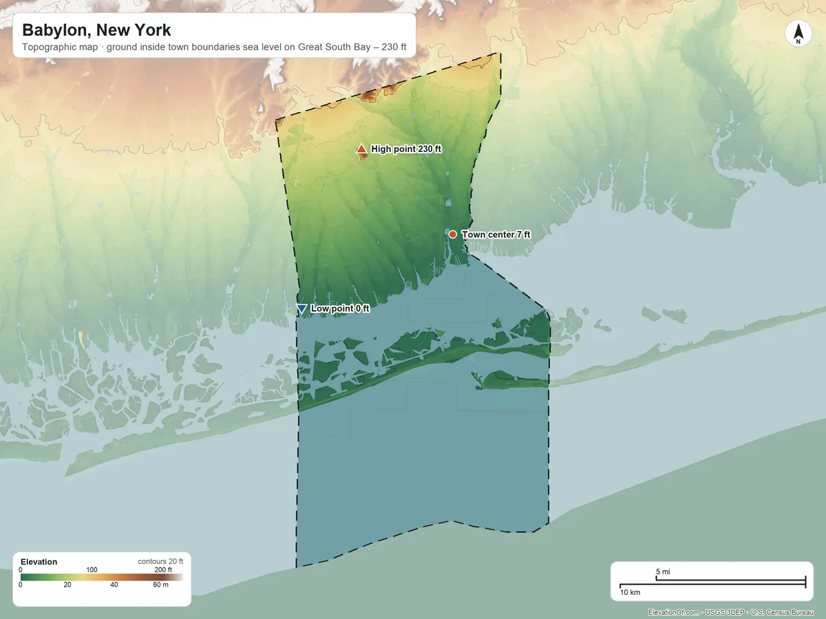 Topographic elevation map of Babylon, New York, shaded from sea level level on Great South Bay to 230 ft on the northwest side