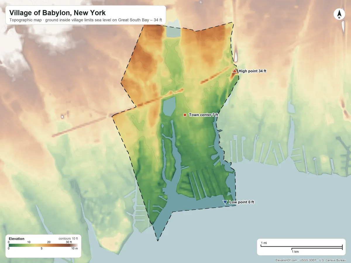 Topographic elevation map of Village of Babylon, New York, shaded from sea level level on Great South Bay to 34 ft on the northeast side