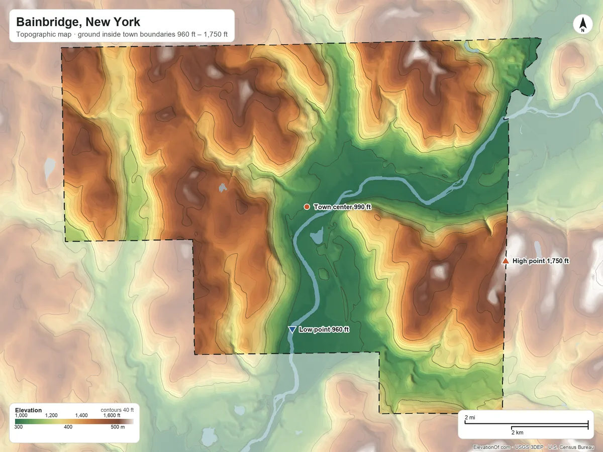 Topographic elevation map of Bainbridge, New York, shaded from 960 ft on the south side to 1,750 ft on the east edge, below higher ground just outside