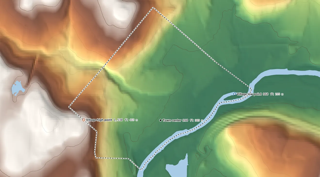 Topographic elevation map of Village of Bainbridge, New York, shaded from 960 ft on the east side to 1,530 ft on the west edge, below higher ground just outside