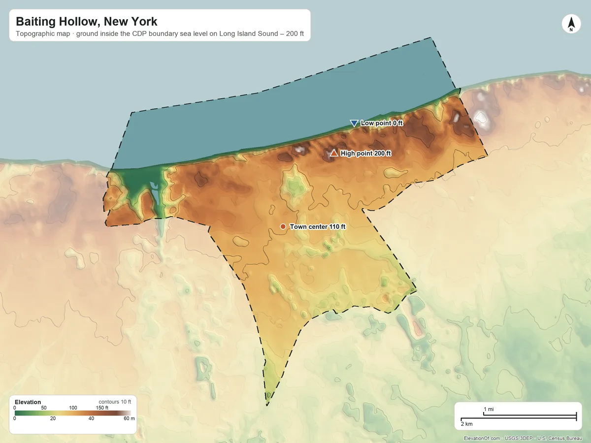 Topographic elevation map of Baiting Hollow, New York, shaded from sea level level on Long Island Sound to 200 ft on the northeast side