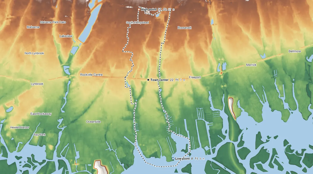 Topographic elevation map of Baldwin, New York, shaded from sea level level on Middle Bay to 57 ft on the north side