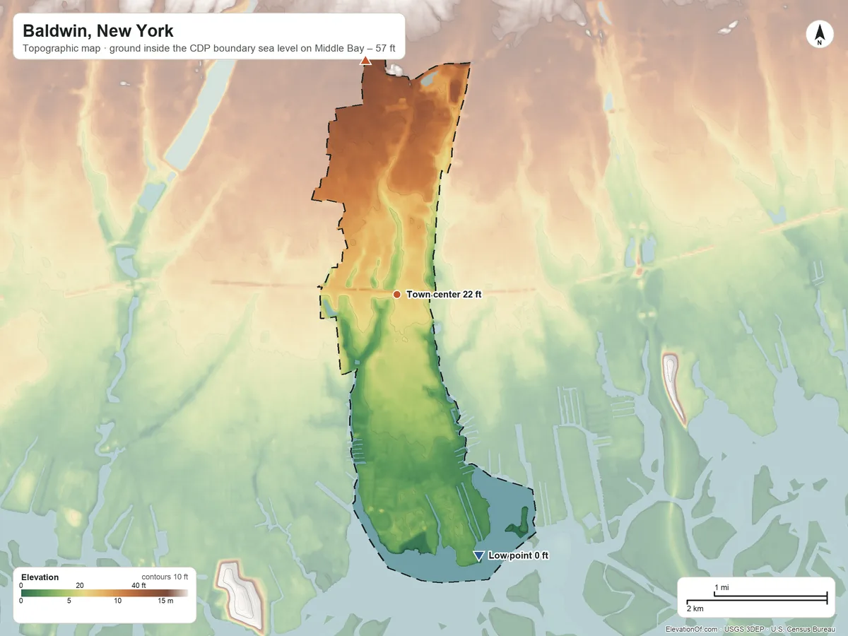 Topographic elevation map of Baldwin, New York, shaded from sea level level on Middle Bay to 57 ft on the north side