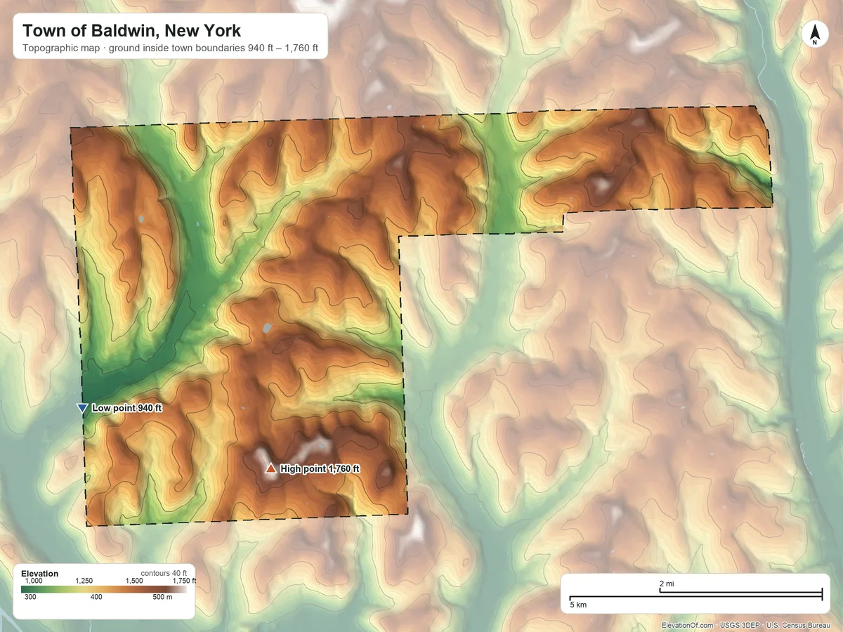 Topographic elevation map of Town of Baldwin, New York, shaded from 940 ft on the southwest side to 1,760 ft on Oak Hill