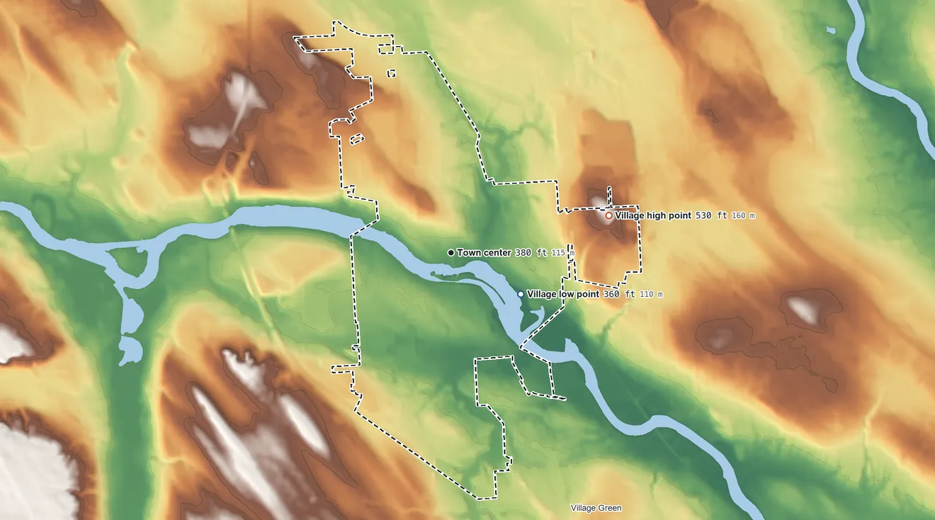 Topographic elevation map of Baldwinsville, New York, shaded from 360 ft on the southeast side to 530 ft on the east side