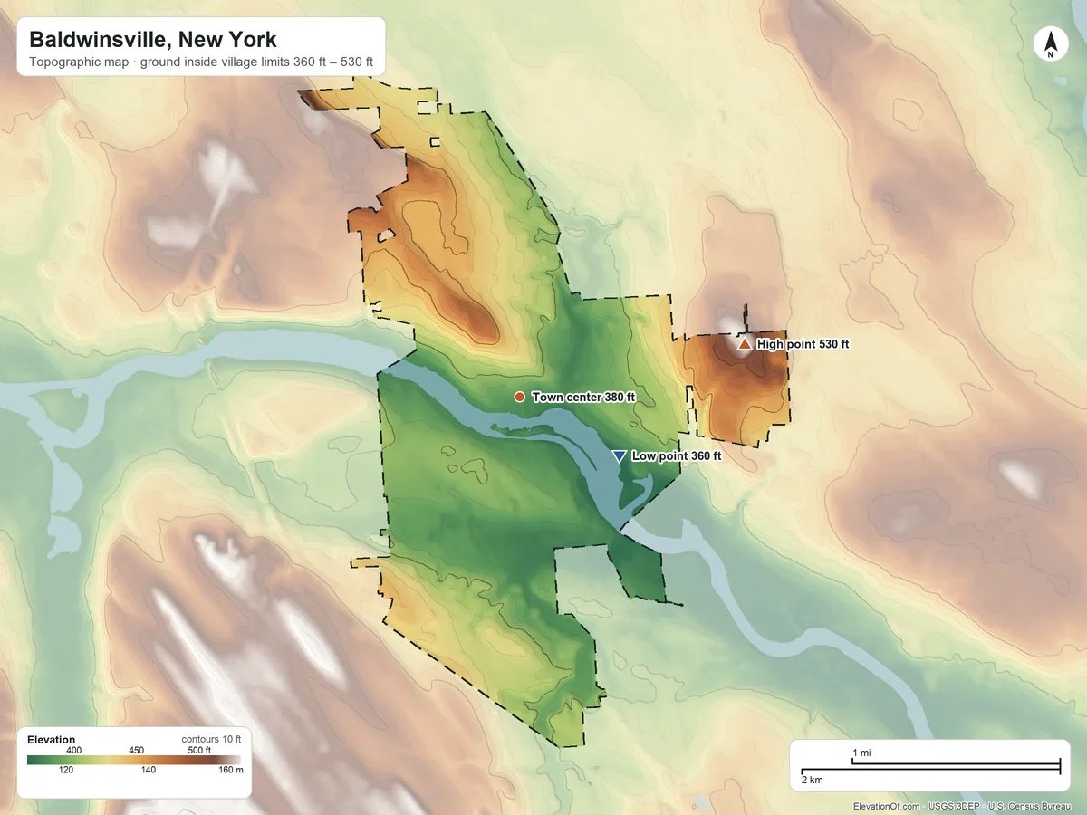 Topographic elevation map of Baldwinsville, New York, shaded from 360 ft on the southeast side to 530 ft on the east side