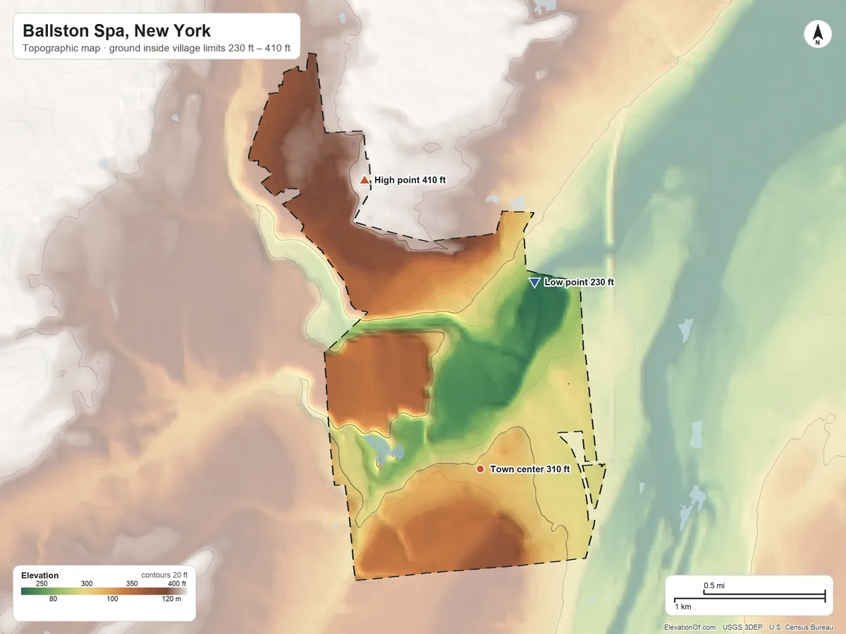 Topographic elevation map of Ballston Spa, New York, shaded from 230 ft on the north side to 410 ft on the north side