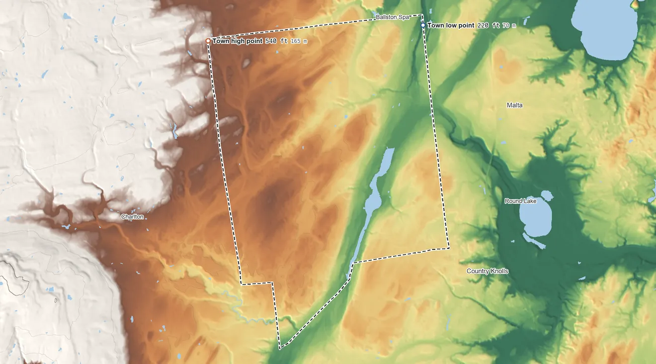 Topographic elevation map of Ballston, New York, shaded from 220 ft on the northeast side to 540 ft on the northwest side