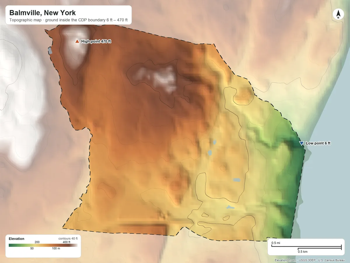 Topographic elevation map of Balmville, New York, shaded from 6 ft on the east side to 470 ft on the northwest side