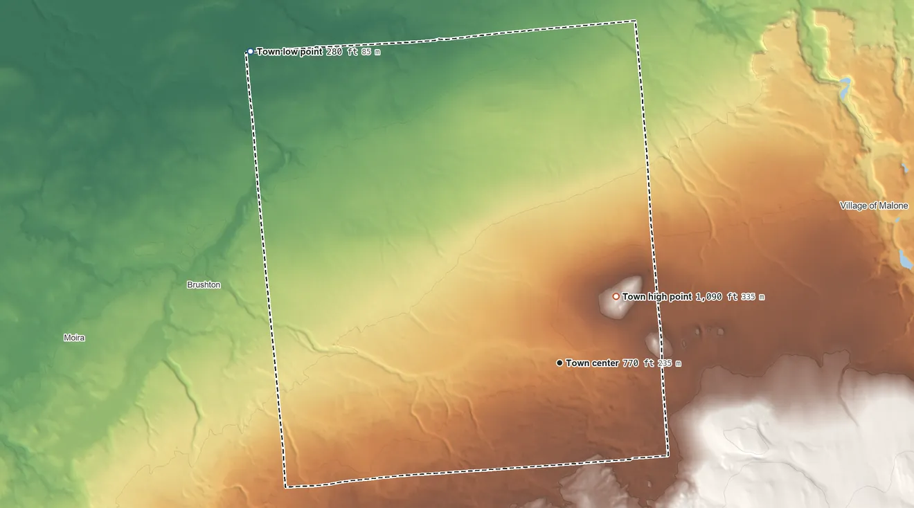 Topographic elevation map of Bangor, New York, shaded from 280 ft on the northwest side to 1,090 ft on the northeast side