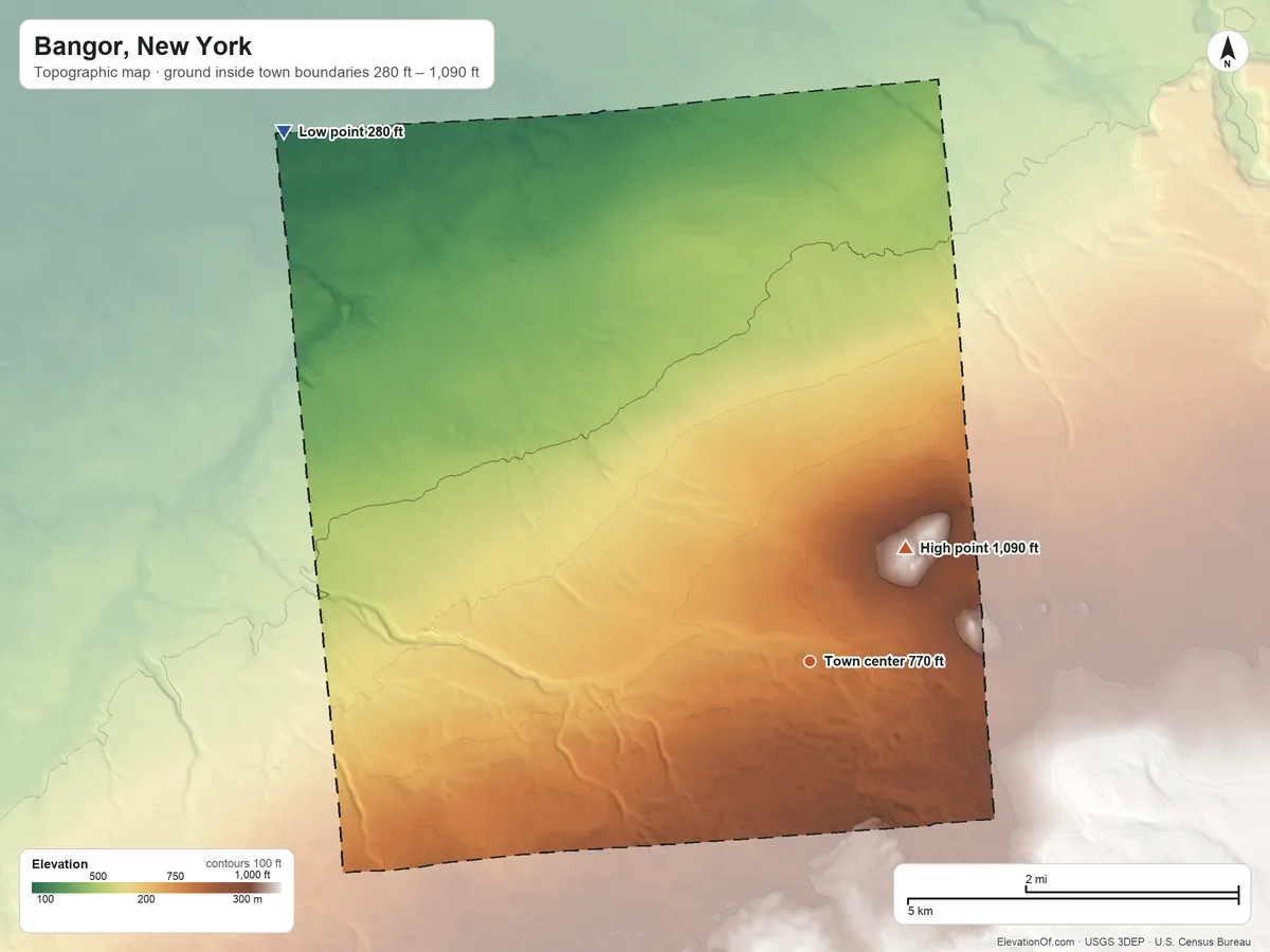 Topographic elevation map of Bangor, New York, shaded from 280 ft on the northwest side to 1,090 ft on the northeast side