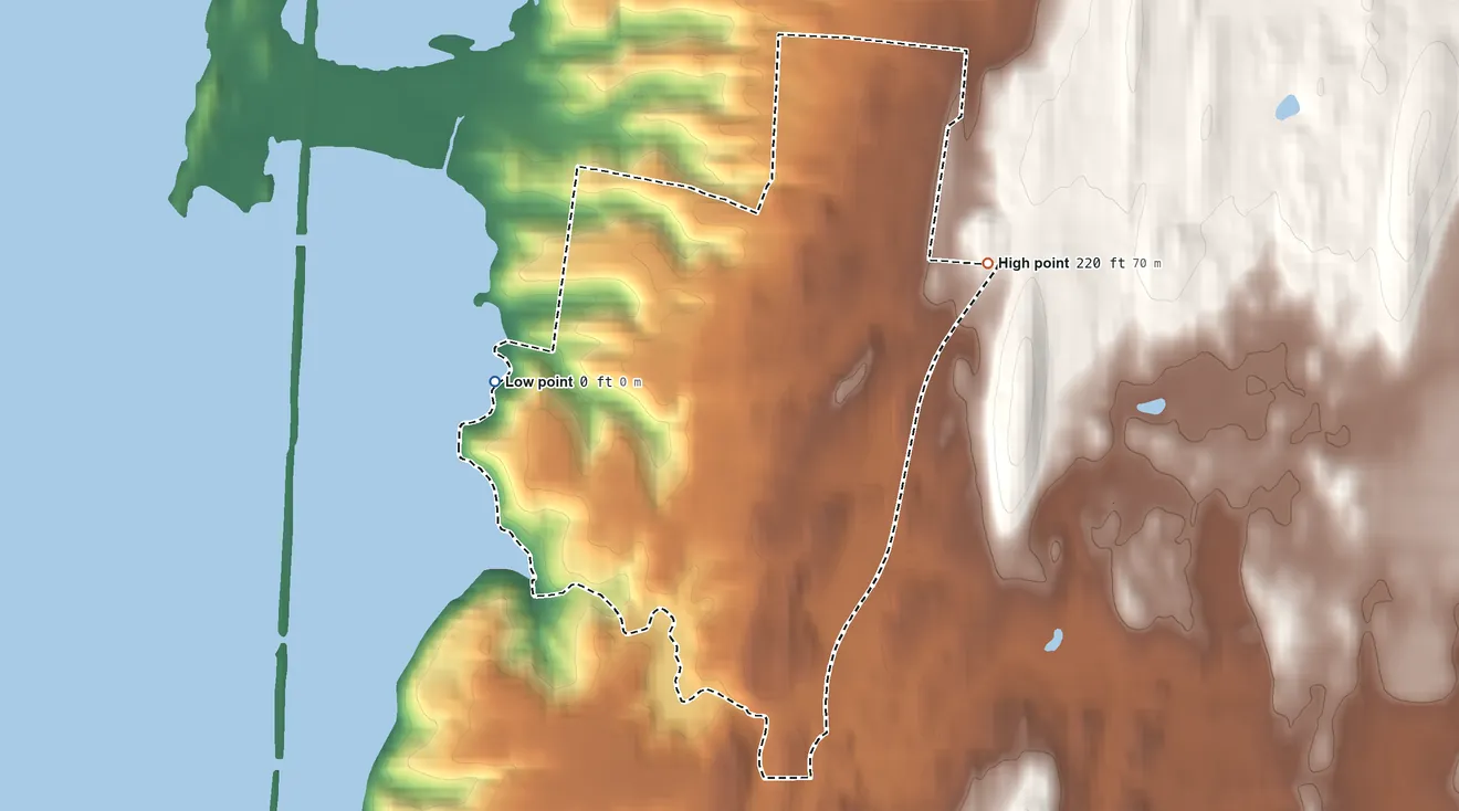 Topographic elevation map of Bard College, New York, shaded from sea level level on South Bay to 220 ft on the east side