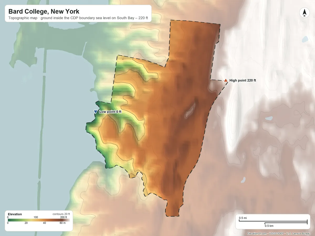 Topographic elevation map of Bard College, New York, shaded from sea level level on South Bay to 220 ft on the east side