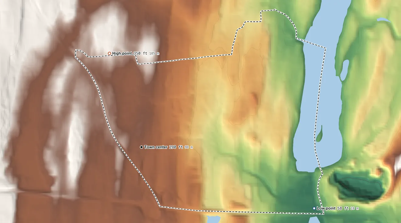 Topographic elevation map of Bardonia, New York, shaded from 58 ft on the east side to 350 ft on the north side