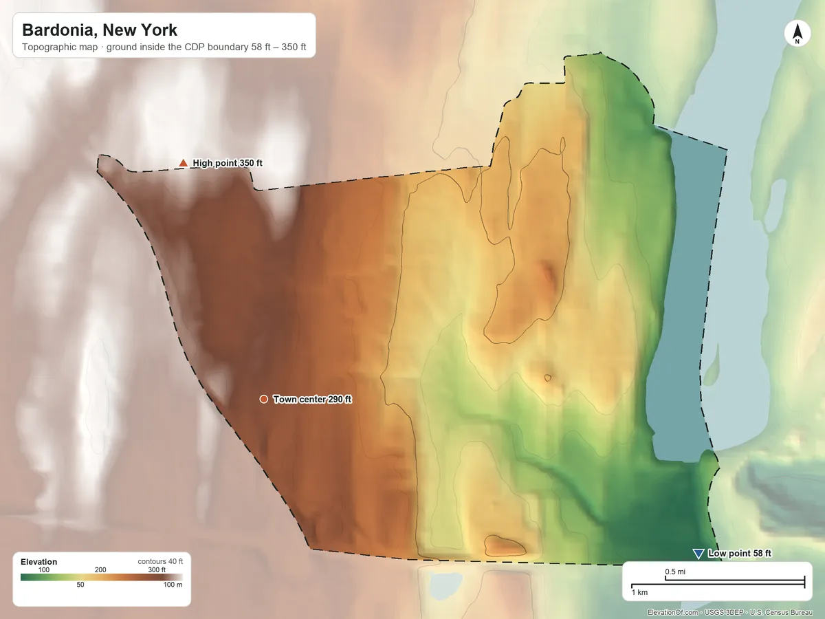 Topographic elevation map of Bardonia, New York, shaded from 58 ft on the east side to 350 ft on the north side
