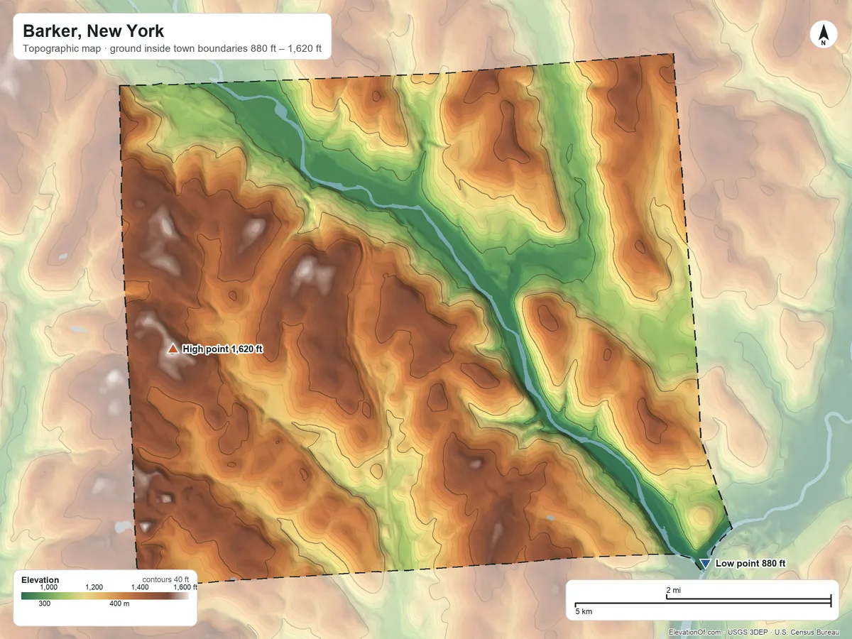 Topographic elevation map of Barker, New York, shaded from 880 ft on the southeast side to 1,620 ft on the west side