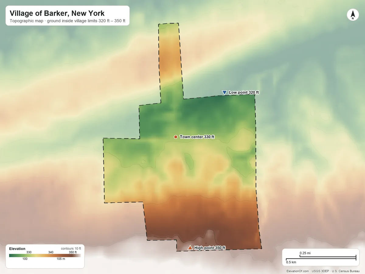 Topographic elevation map of Village of Barker, New York, shaded from 320 ft on the northeast side to 350 ft on the south side