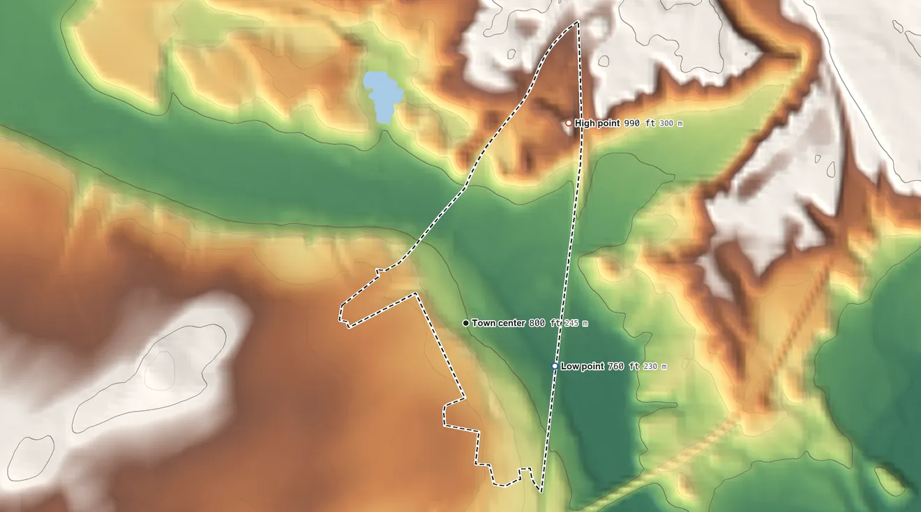 Topographic elevation map of Barneveld, New York, shaded from 760 ft on the southeast side to 990 ft on the northeast side