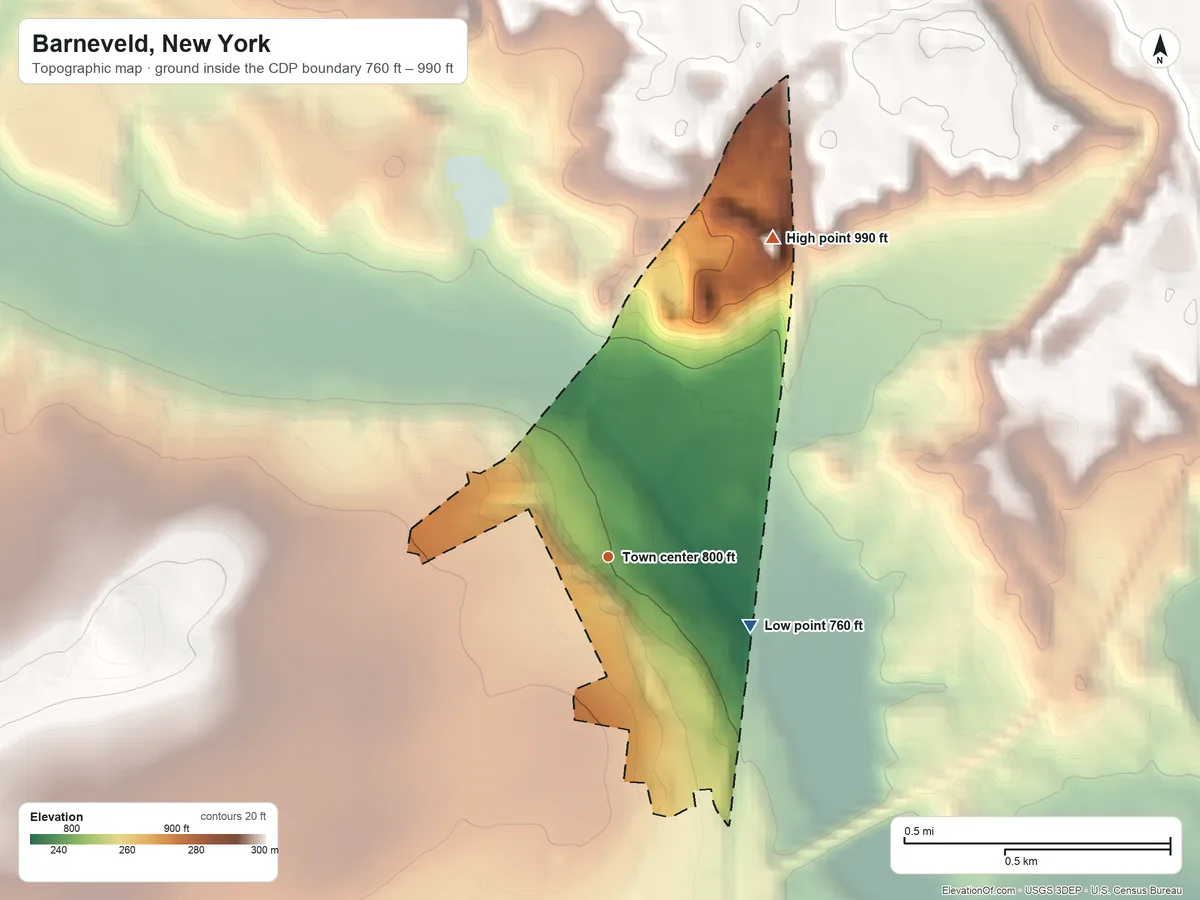 Topographic elevation map of Barneveld, New York, shaded from 760 ft on the southeast side to 990 ft on the northeast side