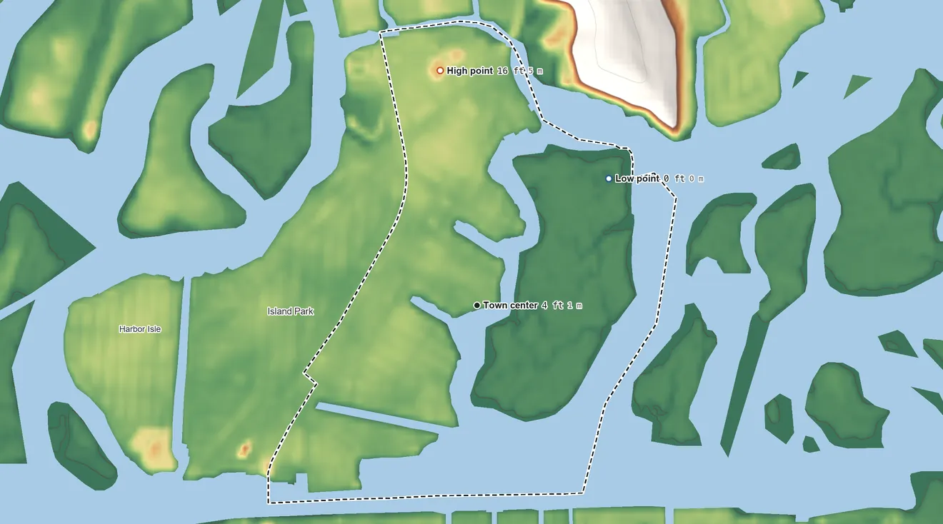 Topographic elevation map of Barnum Island, New York, shaded from 0 ft on the northeast side to 16 ft on the north side