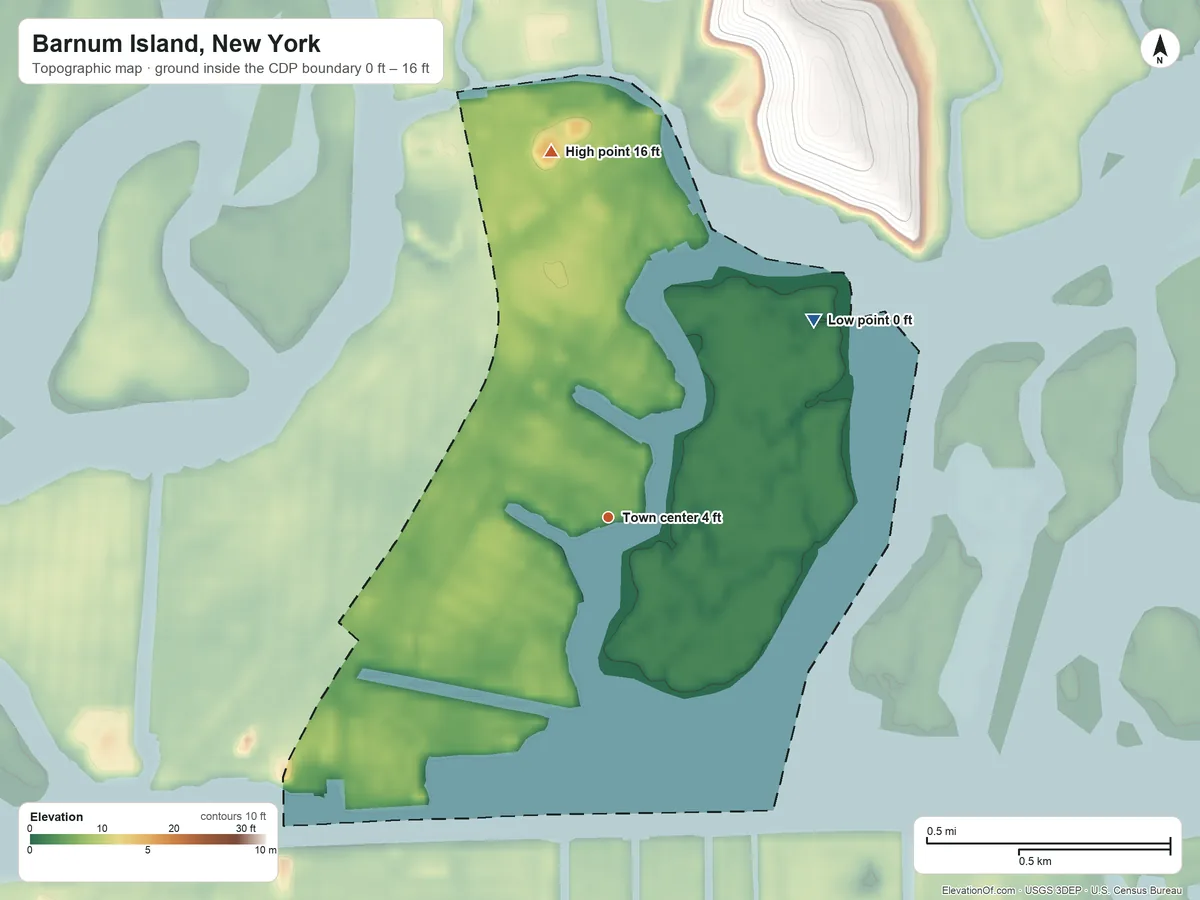 Topographic elevation map of Barnum Island, New York, shaded from 0 ft on the northeast side to 16 ft on the north side