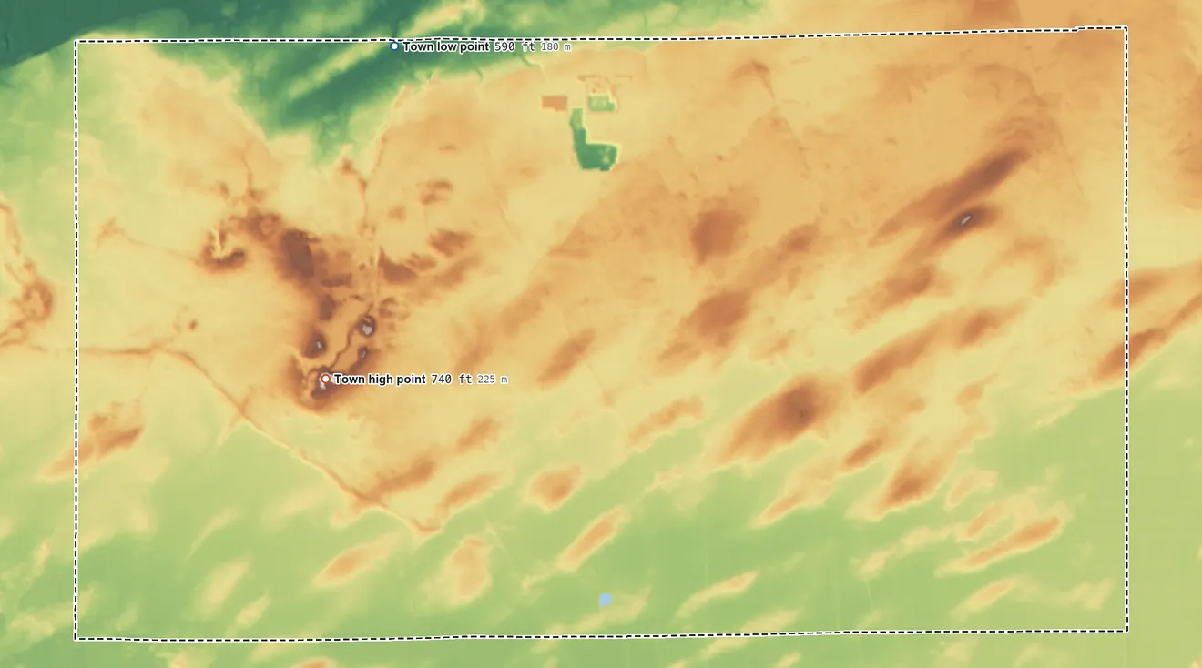 Topographic elevation map of Barre, New York, shaded from 590 ft on the northwest side to 740 ft on the west side