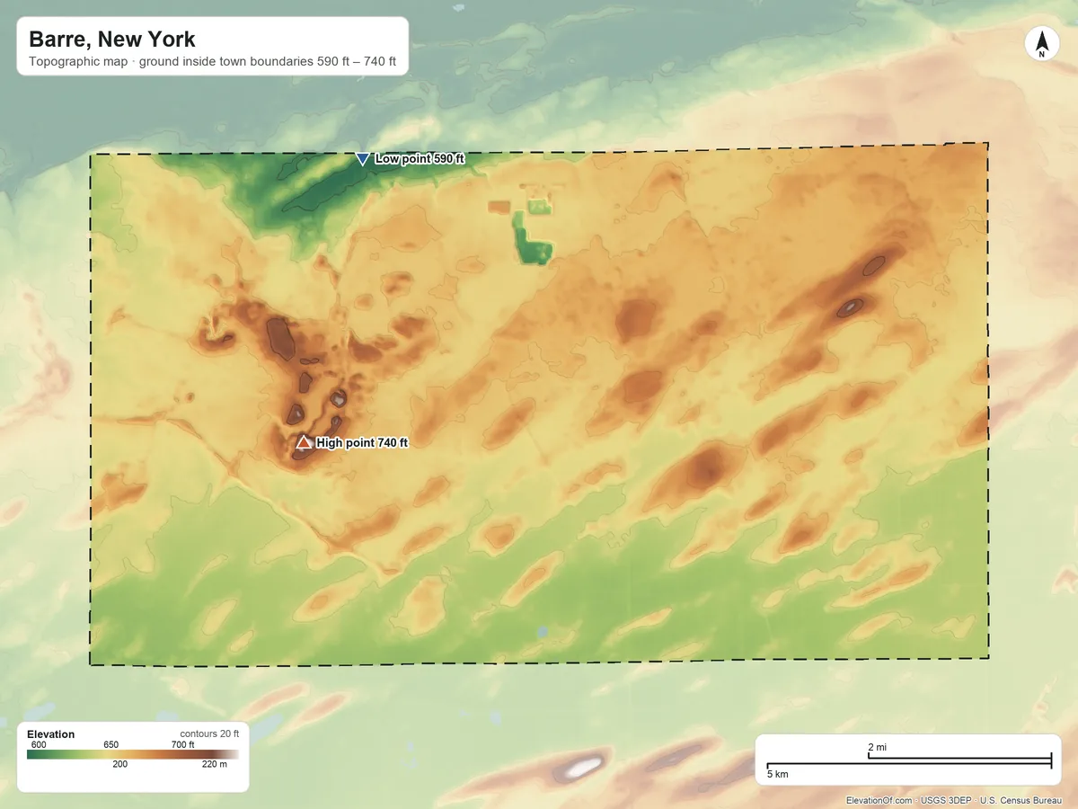 Topographic elevation map of Barre, New York, shaded from 590 ft on the northwest side to 740 ft on the west side