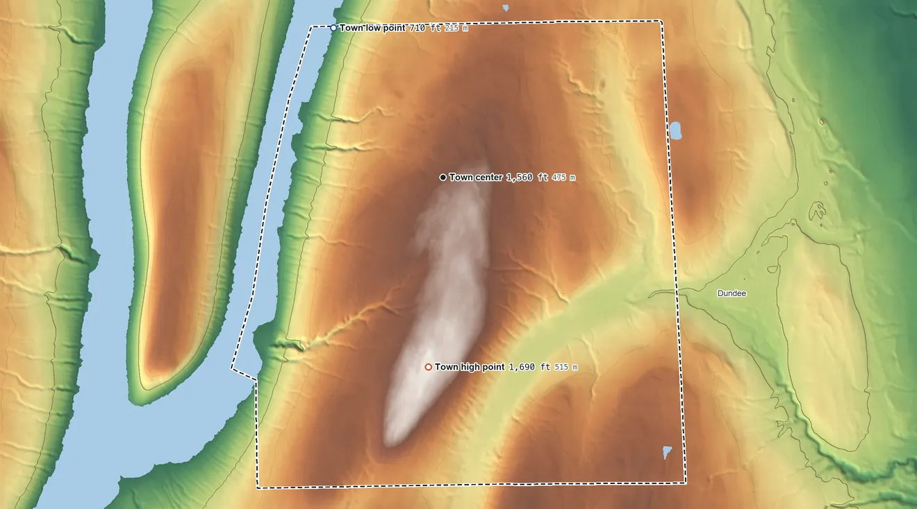Topographic elevation map of Barrington, New York, shaded from 710 ft on the northwest side to 1,690 ft on Barrington Hill