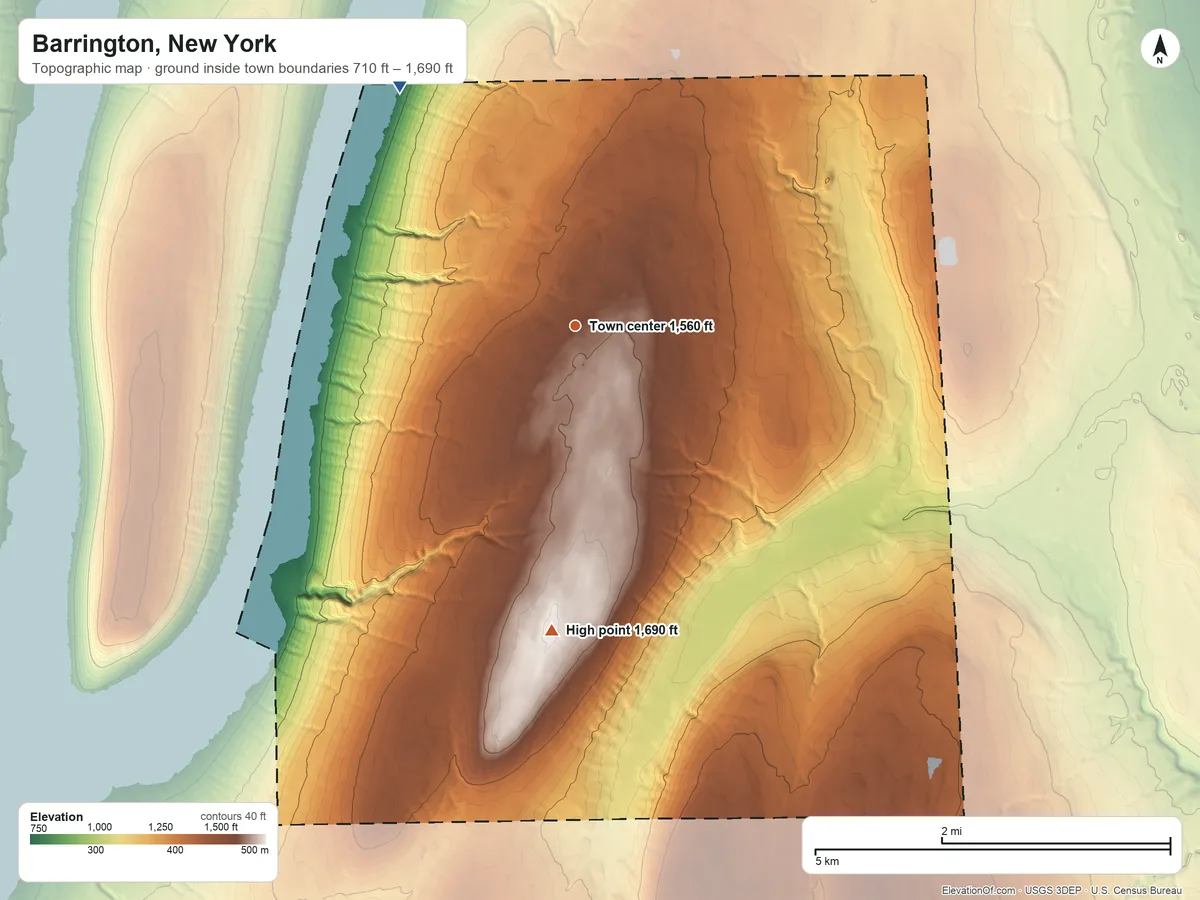 Topographic elevation map of Barrington, New York, shaded from 710 ft on the northwest side to 1,690 ft on Barrington Hill