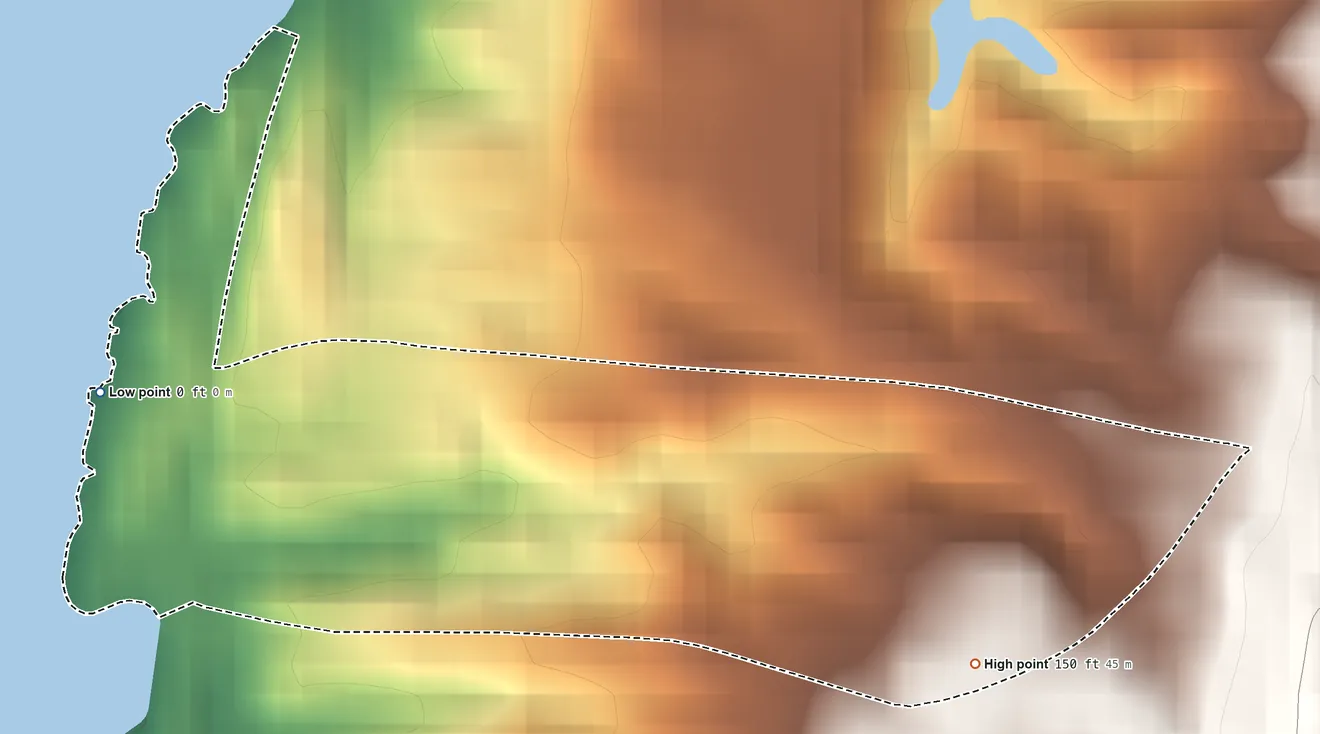 Topographic elevation map of Barrytown, New York, shaded from sea level level on South Bay to 150 ft on the southeast side