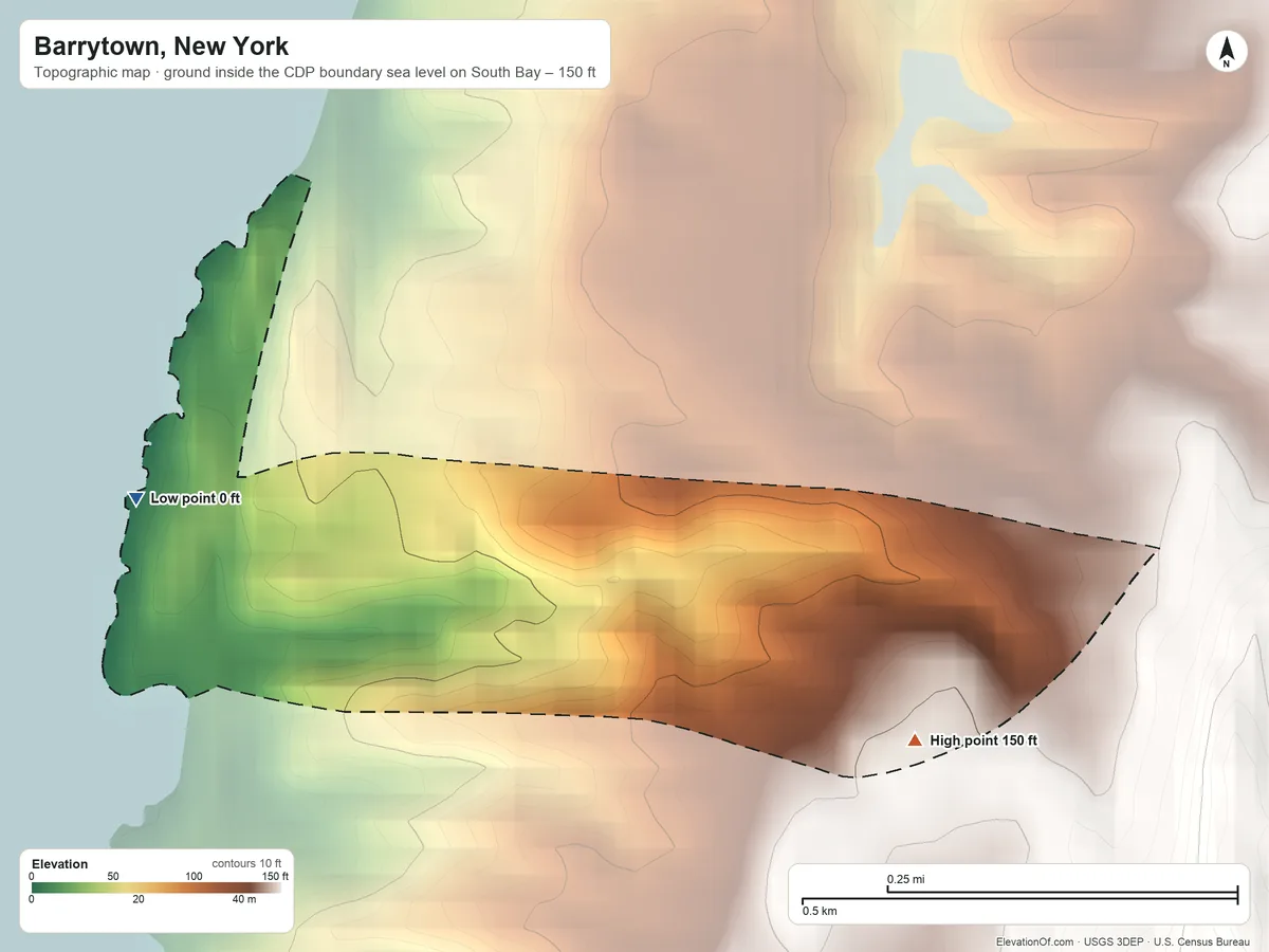 Topographic elevation map of Barrytown, New York, shaded from sea level level on South Bay to 150 ft on the southeast side