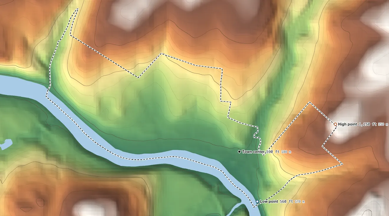 Topographic elevation map of Barryville, New York, shaded from 560 ft on the south side to 1,150 ft on the east side