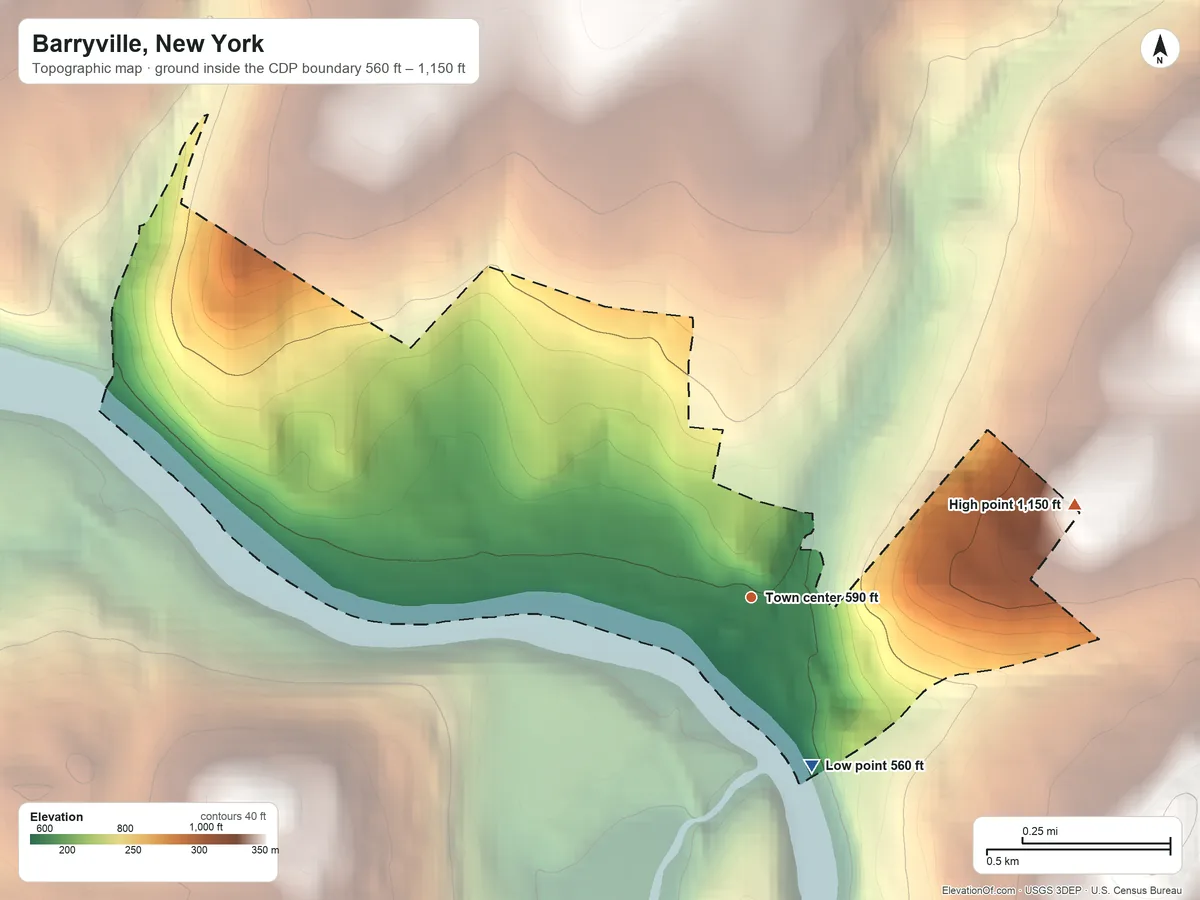 Topographic elevation map of Barryville, New York, shaded from 560 ft on the south side to 1,150 ft on the east side