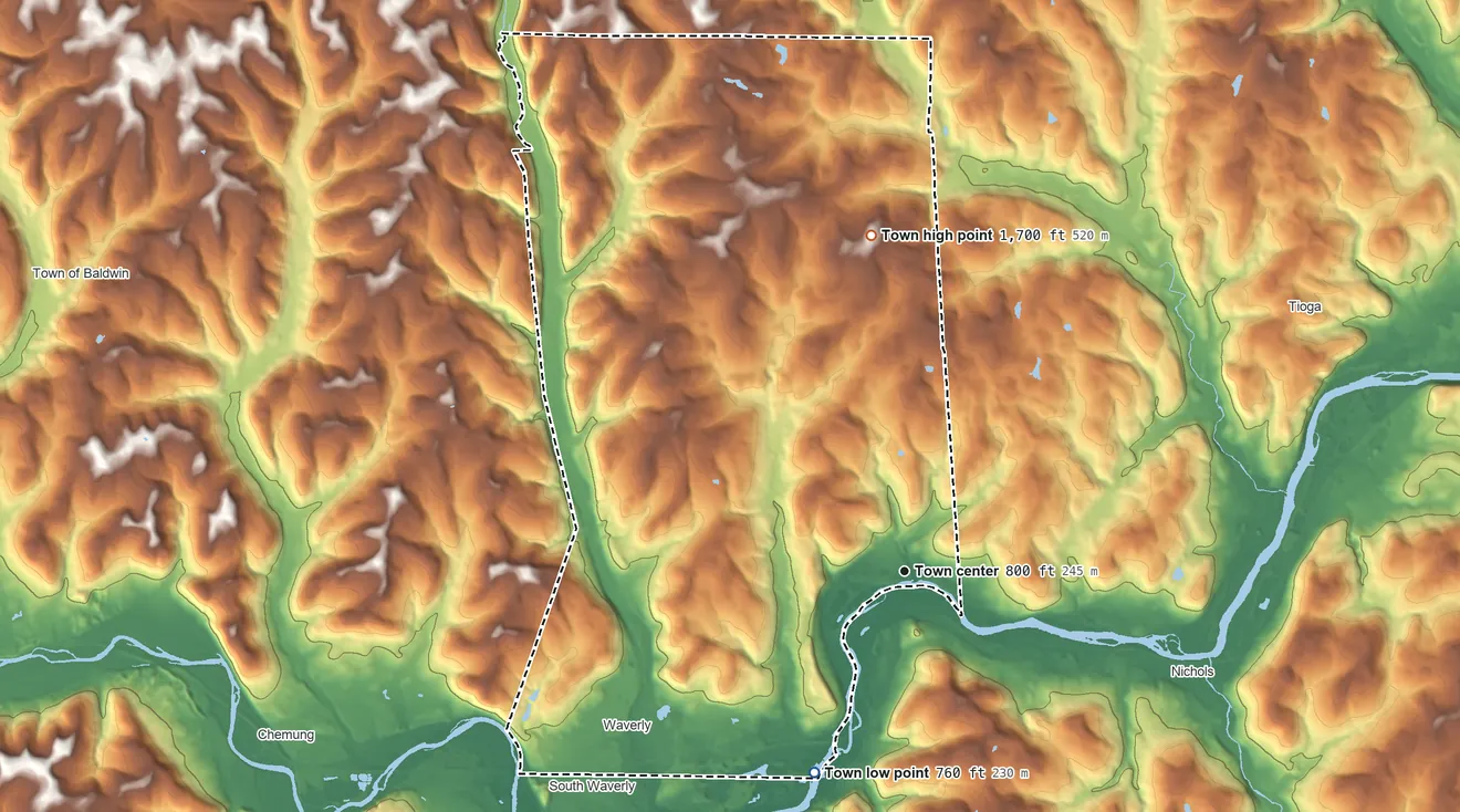 Topographic elevation map of Barton, New York, shaded from 760 ft on the southwest side to 1,700 ft on Prospect Hill