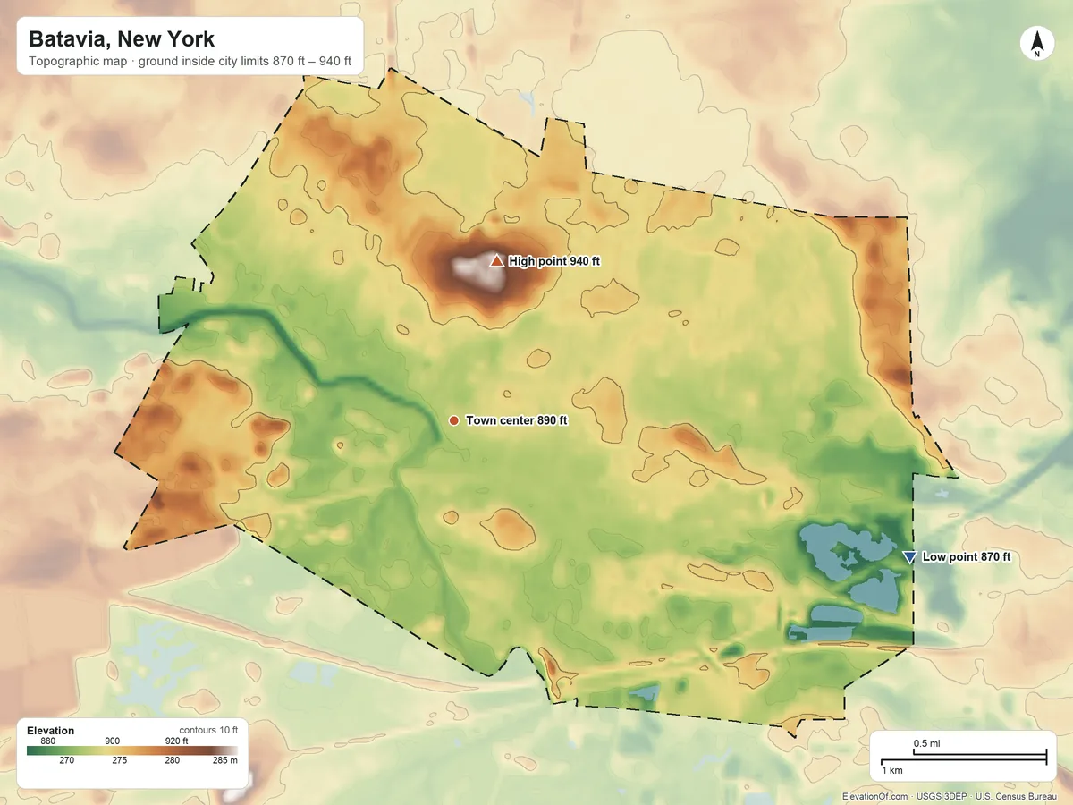 Topographic elevation map of Batavia, New York, shaded from 870 ft on the east side to 940 ft on the north side