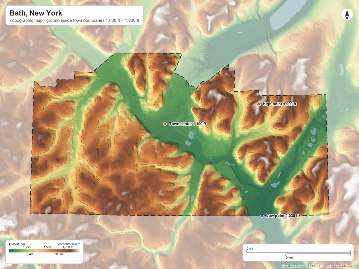 Topographic elevation map of Bath, New York, shaded from 1,030 ft on the southeast side to 1,900 ft on the east side