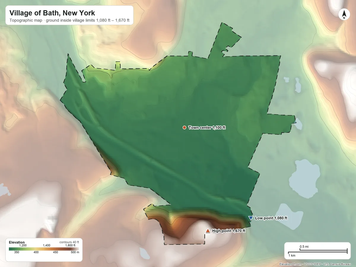 Topographic elevation map of Village of Bath, New York, shaded from 1,080 ft on the southeast side to 1,670 ft on Sharps Hill