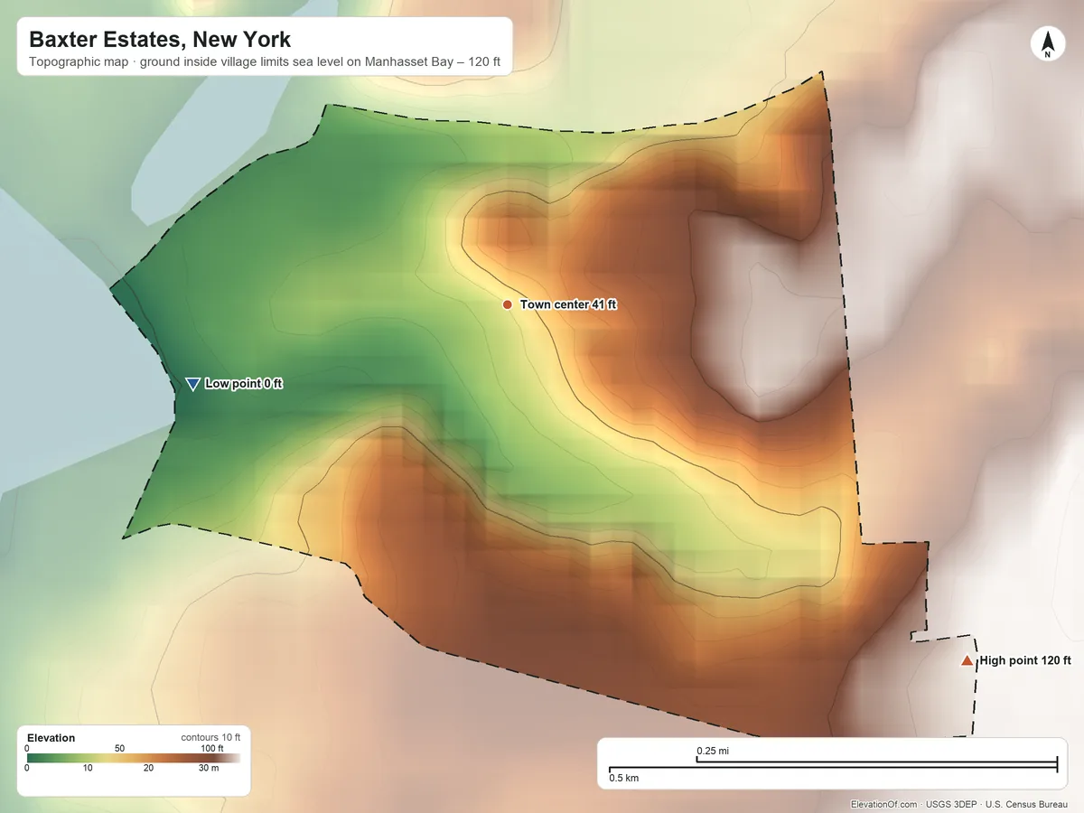 Topographic elevation map of Baxter Estates, New York, shaded from sea level level on Manhasset Bay to 120 ft on the southeast side