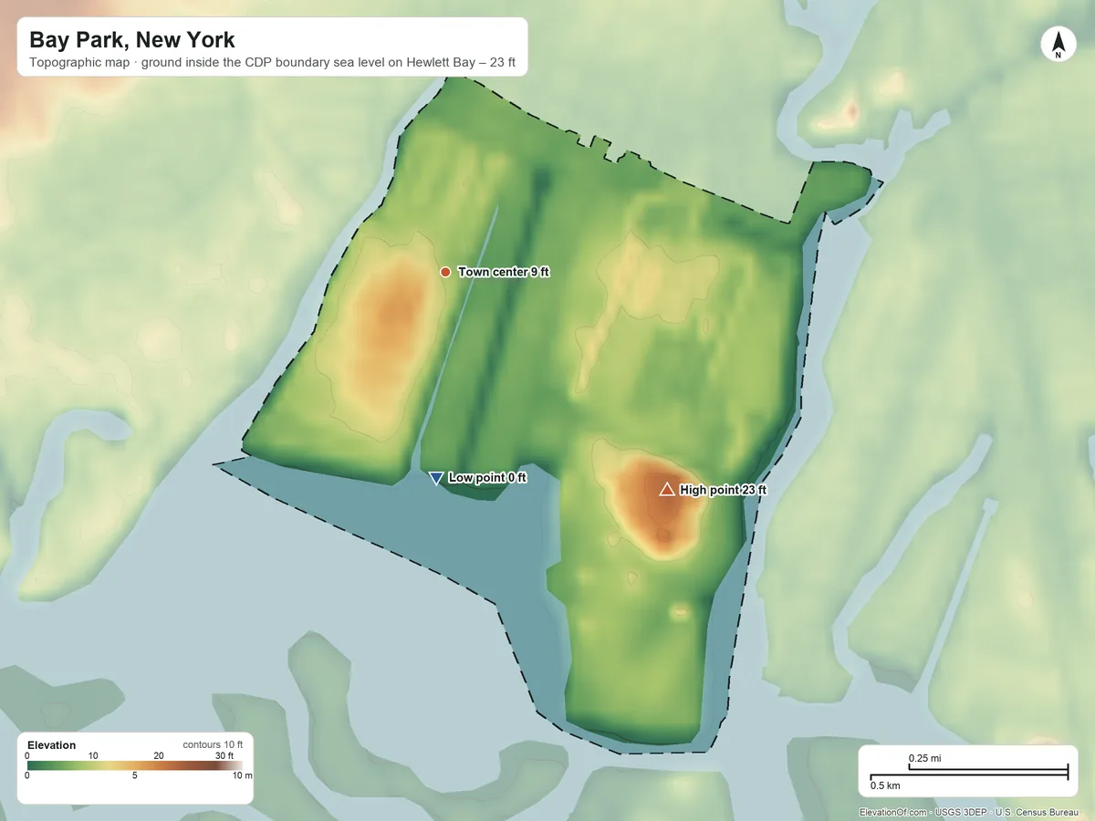 Topographic elevation map of Bay Park, New York, shaded from sea level level on Hewlett Bay to 23 ft on the southeast side