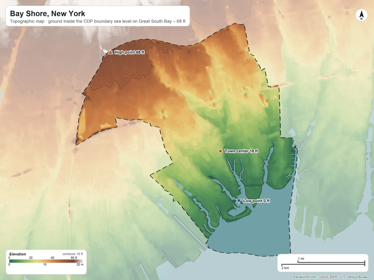 Topographic elevation map of Bay Shore, New York, shaded from sea level level on Great South Bay to 68 ft on the northwest side